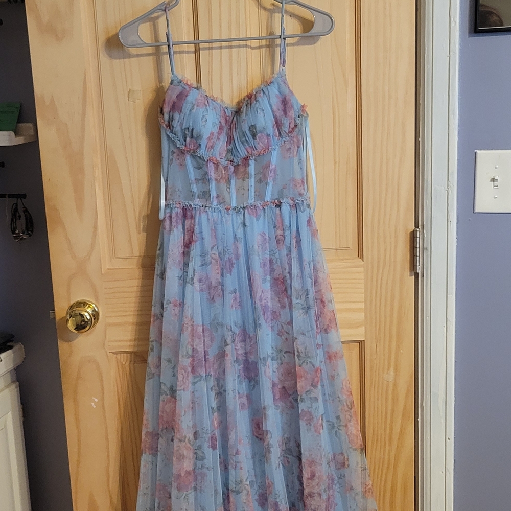 Windsor Blue and Pink Floral Prom Dress